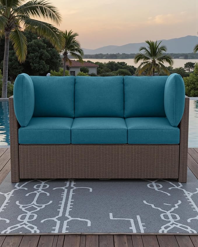Luxury 24x24x6 Outdoor Couch Cushions Set of 3 - Water-Repellent 8-Piece Cushion Set for Outside Wicker 3-Seat Sofa Loveseat Chair Sectional Patio Conversation Sets - Peacock Blue/Classic