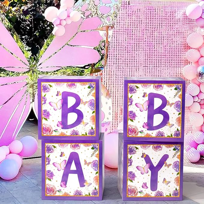 Baby Boxes with Letters and Butterfly Balloons for Gender Reveal Decoration (Purple)