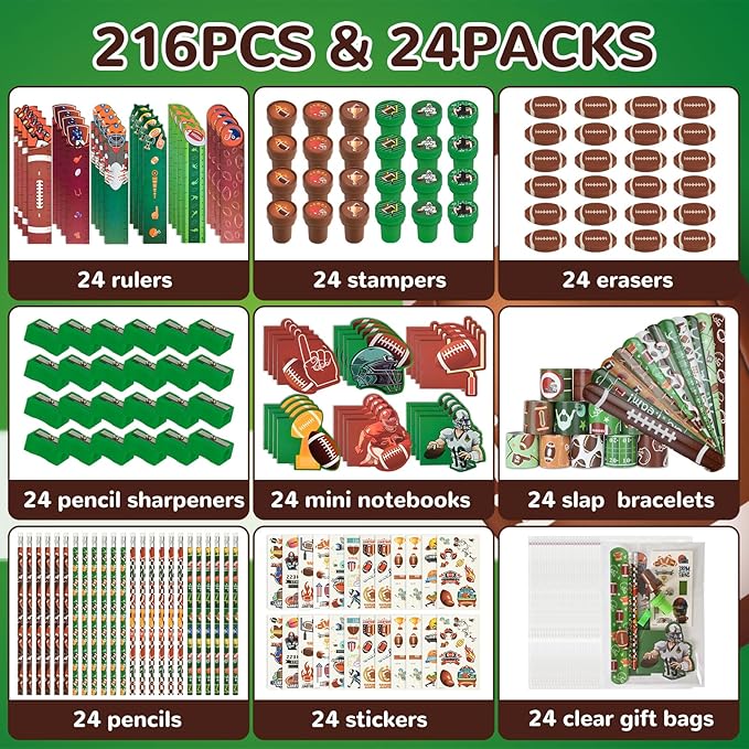 216Pcs Football Gifts Match Rewards Football Theme Birthday Supplies Team Gift Goodie Bags Stuffer Pencils Rulers Classroom Rewards Office Supplies（football）