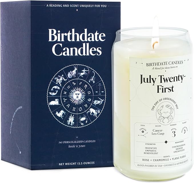 Birthdate Candles, July 21 - Cancer Zodiac Scented Candles Birthday Gift - Rose, Chamomile & Ylang Ylang Scent - All-Natural Soy & Coconut Wax, 60-80 Hour Burn Time - Made in USA