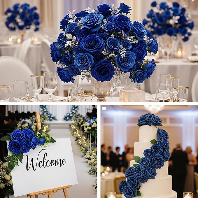 Auihiay 60PCS Fake Blue Roses, Artificial Blue Flowers, Silk Faux Rose with Long Stems for Wedding Centerpieces, Cake, DIY Floral Arrangement, Home Decor, Anniversary, Valentine's Day Decorations