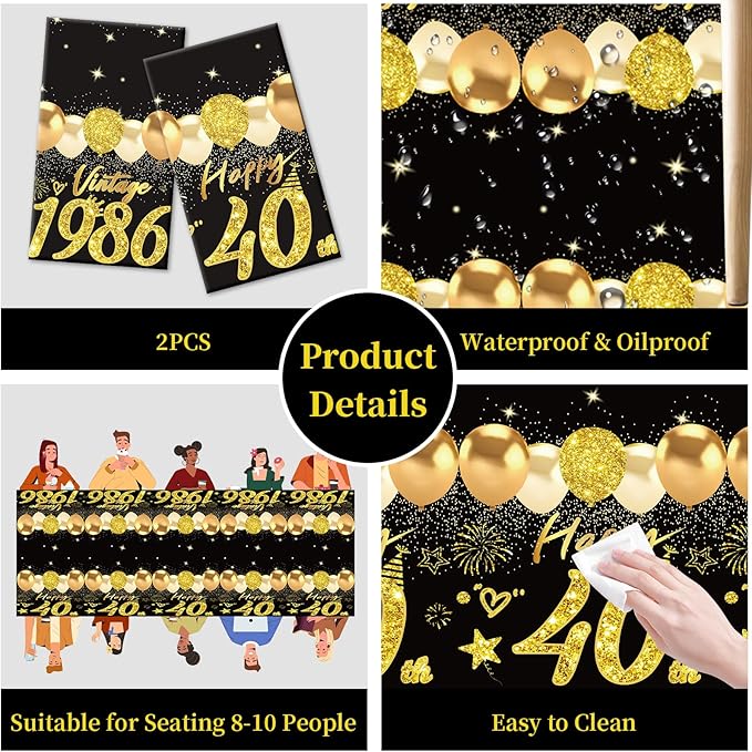 2pcs 40th Birthday Tablecloth, Black Gold 40th Birthday Decorations for Men Women Vintage 1986 Table Cloth Plastic Rectangular 40th Table Cover Happy 40 th Anniversary Party Supplies