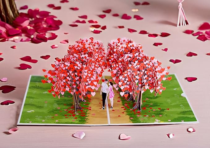 Romantic Couple Heart Tree Path Pop Up Anniversary Cards, 6x8in Wedding Anniversary Card, Valentines Day Card, 3D Gift for Her, Him, Husband, Wife (Heart Tree Path).