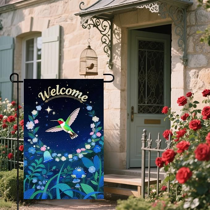 IVN Spring Garden Flag 12x18 Inch Spring Hummingbird Welcome Flag Double Sided Outdoor Yard Banner for Porch Lawn Patio Decor