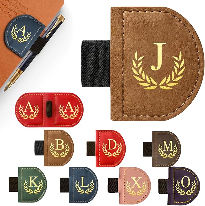Personalized Leather Magnetic Bookmark with Pen Holder, Custom Bygone Mark Bookmark with Pen Holder, Custom Bookmarks with 26 Letters for Reading Women, Men, Teachers, Book Lovers（Brown，J）