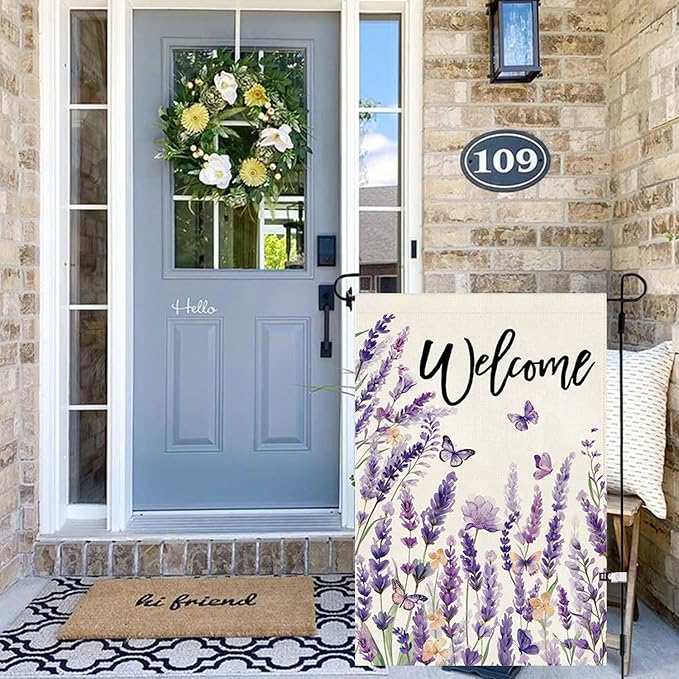 Baccessor Spring Summer Lavender Welcome Garden Flag 12.5 x 18 Inch Double Sided Purple Floral Flower Butterfly Farmhouse Small Burlap Yard Flag Holiday Seasonal Outdoor Outside Decoration