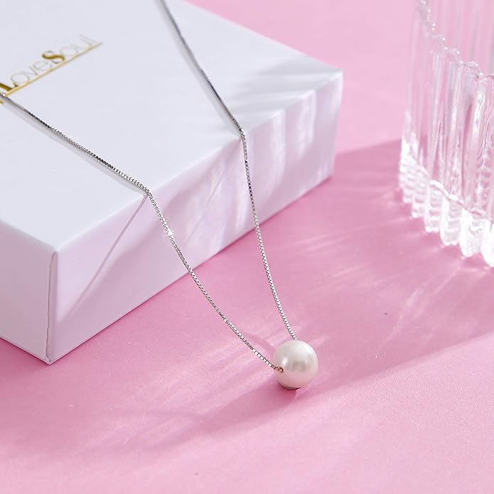 ALoveSoul Necklace for Women Girls - 925 Sterling Silver Single Pearl Necklace, Mother's Day Birthday Gift Ideas