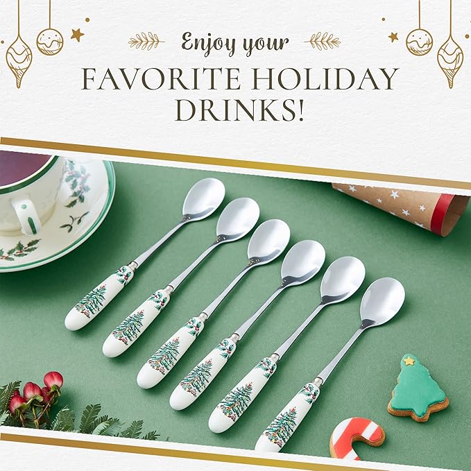 Spode Christmas Tree Teaspoons – Set of 6, Holiday Silverware for Desserts & Beverages, Stainless Steel Flatware with Porcelain Handles, 6-Inch Festive Dessert Spoons, Gift-Boxed