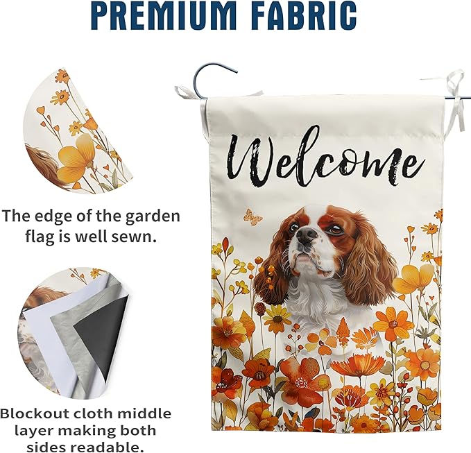 Cavalier King Charles Spaniel Fall Garden Flag Autumn Dog Yard Sign Orange Floral Thanksgiving Outdoor Banners for Outside 12x18 Double Sided Small