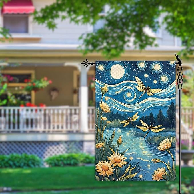 Welcome Summer Dragonfly Garden Flag Starry Night Garden Flag Small Flowers Vertical Double Sided Rustic Farmland Burlap Yard Lawn Outdoor Decor 12.5x18"
