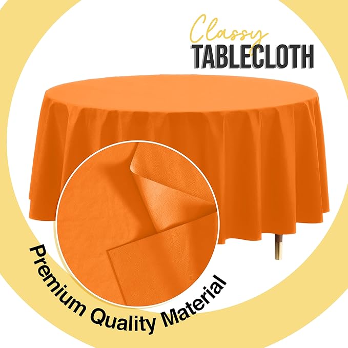 Exquisite 66% Thicker Premium Orange Round Tablecloth 0.5 Mil 12 Pack Plastic Table Cloth Disposable 84 Inch Round Plastic Tablecloth Won't Tear Easily Like Cheap Thin Brands