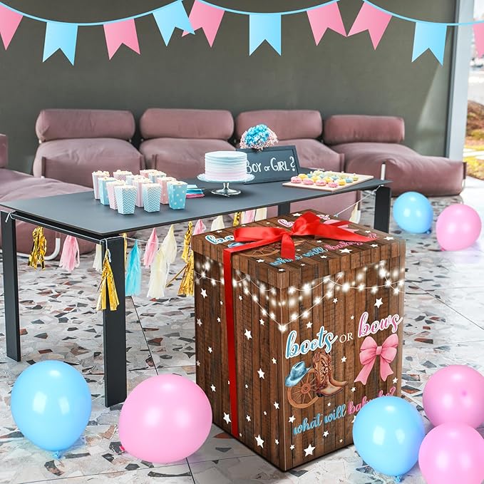 Hungdao Gender Reveal Balloon Box with Ribbon and 10 Pink and Blue Balloons Gender Reveal Games He or She Open to See for Party Decoration 12"x12"x16"(Boots and Bow)