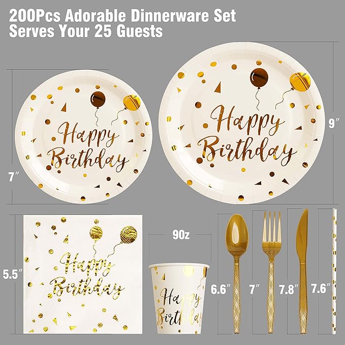 200 pieces of white and gold birthday party supplies, disposable happy birthday tableware set, gold plastic knives, forks, spoons, straws. Birthday themed tray, cup,25Guests（white）