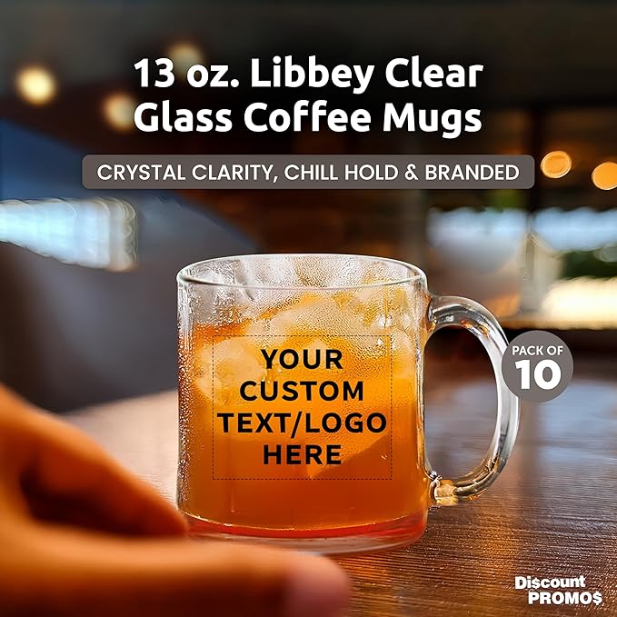 Custom Libbey Clear Glass Coffee Mugs 13 oz. Set of 10, Personalized Bulk Pack - Perfect for Coffee, Tea, Espresso, Hot Cocoa, Other Beverages - Red Bottom