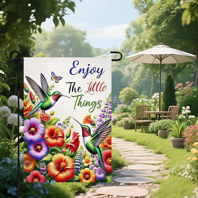 IVN Christmas Garden Flag 12x18 Inch Double Sided Hummingbirds Butterfly Colorful Flowers Enjoy the Little Things Outdoor Yard Flag for Outside Front Door Lawn Porch Patio Welcome Decor