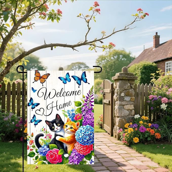 IVN Spring Garden Flag 12x18 Inch Double Sided Cat Flower Butterfly Welcome Home Outdoor Yard Flag for Outside Front Door Lawn Porch Patio Welcome Decor