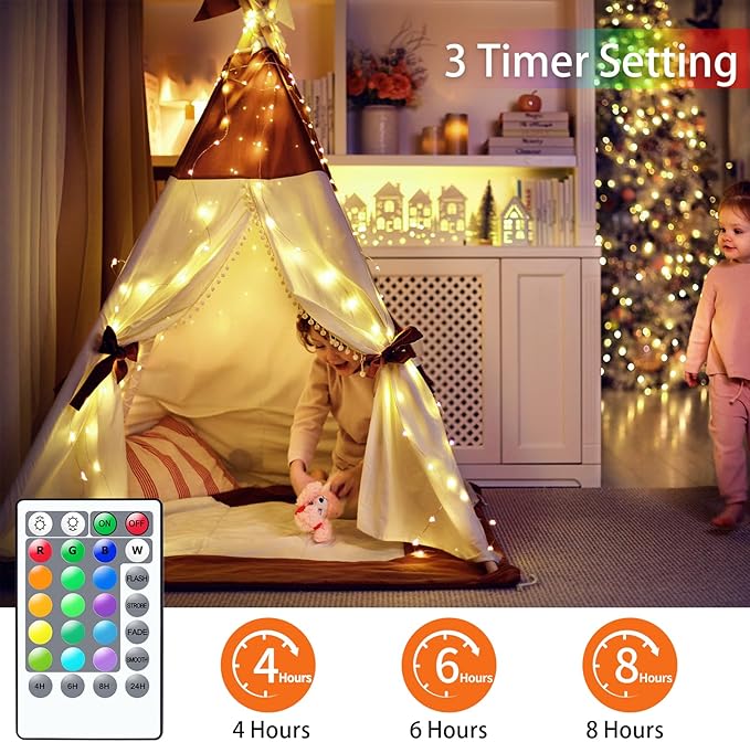 StarryEver 33ft 100LED Fairy Lights Battery Operated, 2 Pack 16.5ft 16 Color Changing String Lights with Remote Timer, RGB Waterproof Twinkle Lights for Indoor Outdoor Room Garden Yard Decor