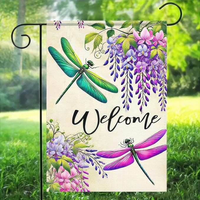 BlissYard Welcome Dragonfly Garden Flag 12x18 Inch Double Sided Summer Spring Flower Garden Flag Small Yard Flags Farmhouse Wedding Yard Flying Dragonfly Grass Decorative Garden Flags Banner
