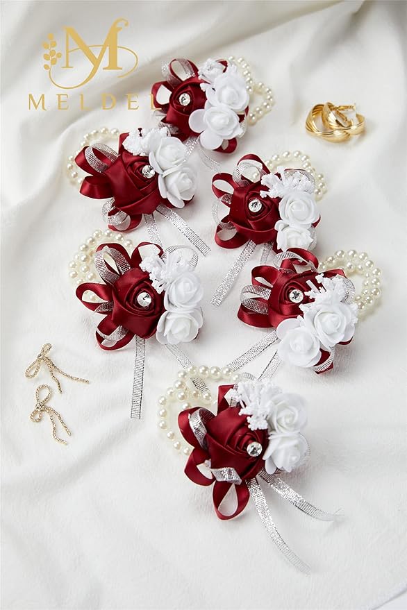 Meldel Wine Red Wrist Corsages for Prom, 2pcs Burgundy Rose Corsages for Bridal Bridesmaid Girl Mother Women, Wrist Flower Hand Flower for Wedding Ceremony Anniversary, Party,Homecoming