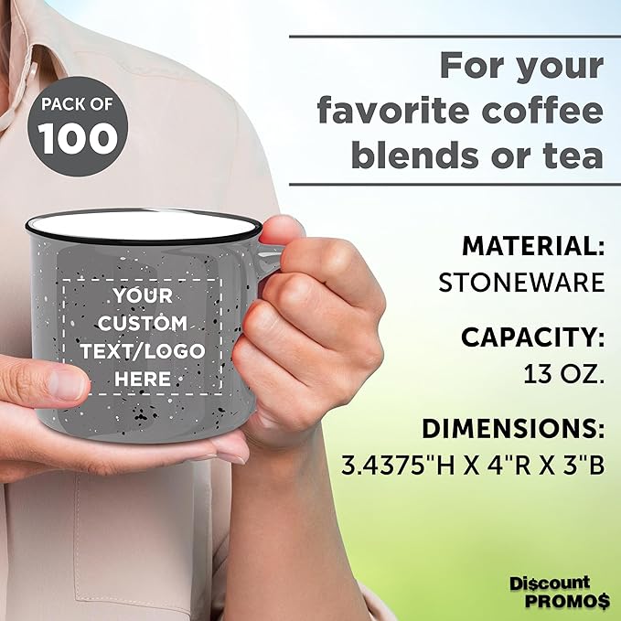 DISCOUNT PROMOS Custom Ceramic Campfire Coffee Mugs 13 oz. Set of 100, Personalized Bulk Pack - Perfect for Tea, Espresso, Cappuccino, Hot Cocoa - Grey