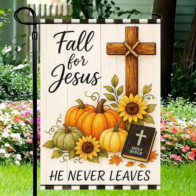 BlissYard Fall for Jesus Garden Flag 12x18 inch Double Sided Christian Autumn Yard Banner with Pumpkins Flags Sunflowers Cross Bible Verse Religious Outdoor Flag for Fall Thanksgiving