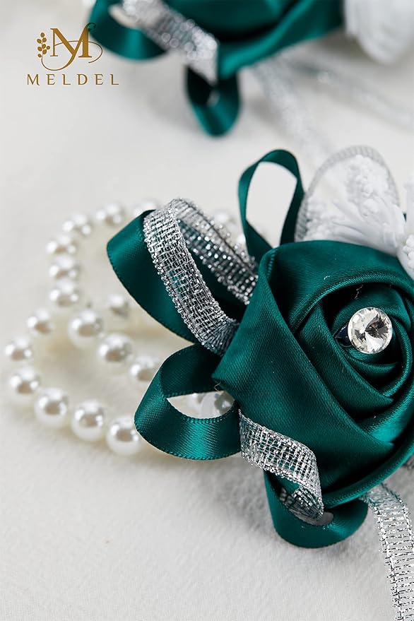 Meldel Wrist Corsage Bracelets for Wedding Mother of Bride and Groom, Green Silk Rose Wrist Hand Prom Flower Ceremony Anniversary,Dinner Party, Homecoming, Set of 6