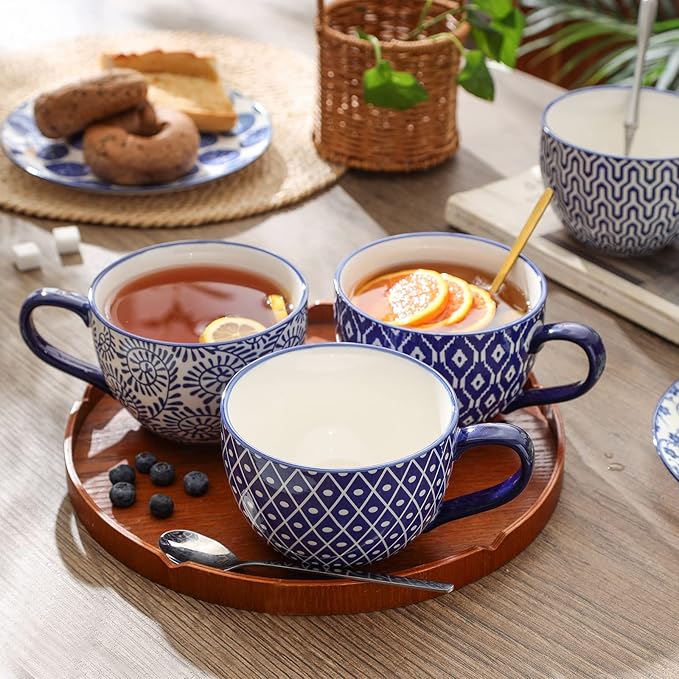 Selamica Coffee Mugs Set of 4, 24 OZ Jumbo Soup Mugs with Handles, Ceramic Coffee Cups for Cereal Latte Tea Milk Cappuccino, Dishwasher & Microwave Safe, Vintage Blue