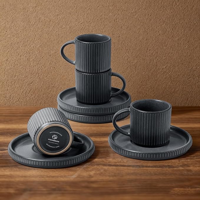 famiware Star Espresso Cups and Saucers Set of 4, [ Mini ] 3 oz Ceramic Small Coffee Mug with Handle, Ribbed Stoneware Demitasse Cup for Tea, Latte - Microwave & Dishwasher Safe - Matte Dark Charcoal