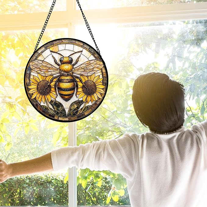 Stained Glass Window Hanging - Bee Sunflower Yellow Suncatcher Ready to Hang Window Doors Home Decoration and Christmas, Mother's Day Birthday Gifts for Women, Men, and Mom 9.8x9.8 in