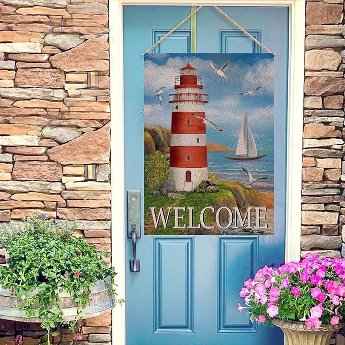 Covido Home Decorative Welcome Summer Lighthouse House Flag, Spring Coastal Seagull Birds Garden Yard Beach Nautical Sailboat Outside Decoration, Ocean Outdoor Large Burlap Decor Double Sided 28 x 40