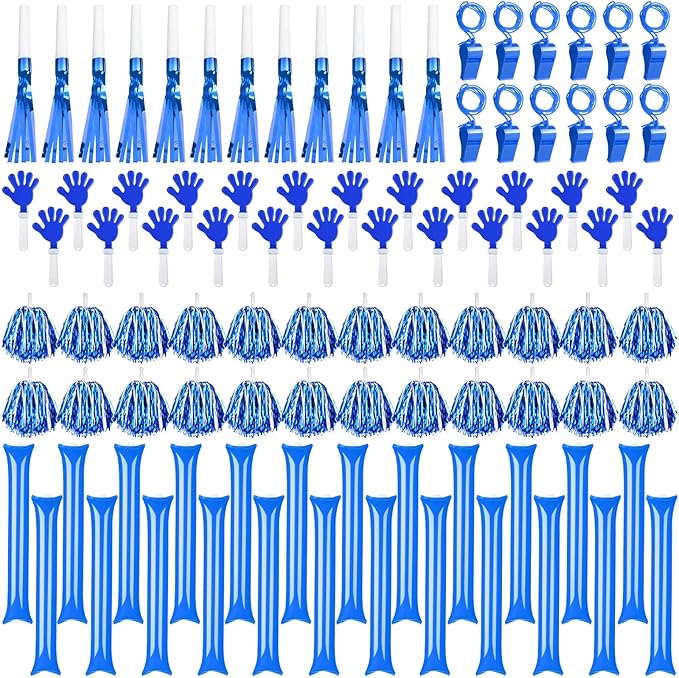 Yunsailing 96 Pcs Homecoming Noisemakers Team Spirit Accessories for Game Day Include Hand Clappers Cheerleading Pom Pom Thunder Stick Cheer Party Blower Plastic Whistle for Sport Fans(Blue White)