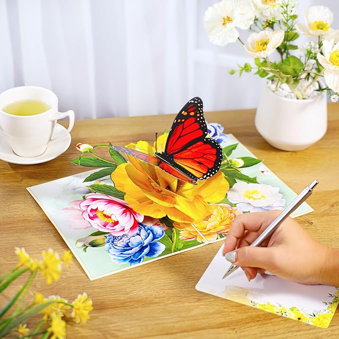 Pop Up Flower Card, Greeting Card, Butterfly and Pink Peony Flower 3D Pop Up Card 6"x 8", Mother's Day Pop Up, Anniversary, Birthday, Valentine's Day Card, Wife, Grandma