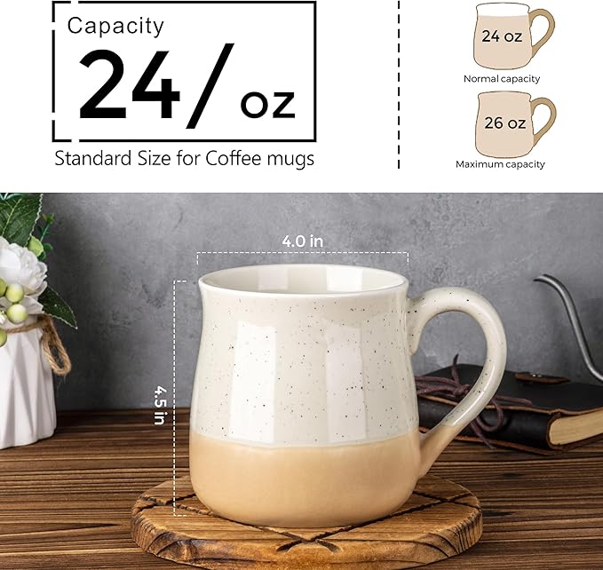 GBhome Ceramic Coffee Mugs Set of 2, 24oz Handmade Large Coffee Mugs Set with Terracotta Underside for Latte/Tea/Beer/Hot Cocoa/Cappuccino/Soup Dishwasher & Microwave Safe-light Beige &White