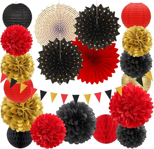 Red-Black Gold Casino Theme Party-Decorations - 20pcs Game Night Paper Lanterns Fans,Tissue Pom Poms,Honeycomb Balls,Bunting,Birthday Graduation Wedding Bridal Baby Shower Decor Burgleda