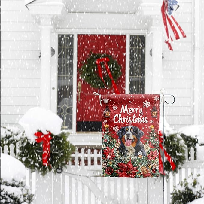 Christmas Bernese Mountain Garden Flag Merry Christmas Dog Yard Flag for Outside Xmas Flags 12x18 Double Sided Red Poinsettia Garden Flags Winter Porch Decorations Outdoor