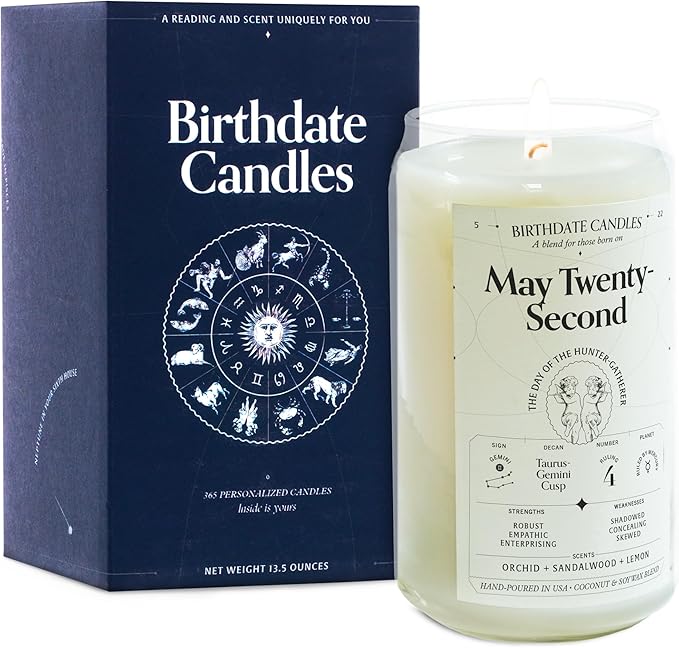 Birthdate Candles, May 22 - Gemini Zodiac Scented Candles Birthday Gift - Orchid, Sandalwood & Lemon Scent - All-Natural Soy & Coconut Wax, 60-80 Hour Burn Time - Made in USA