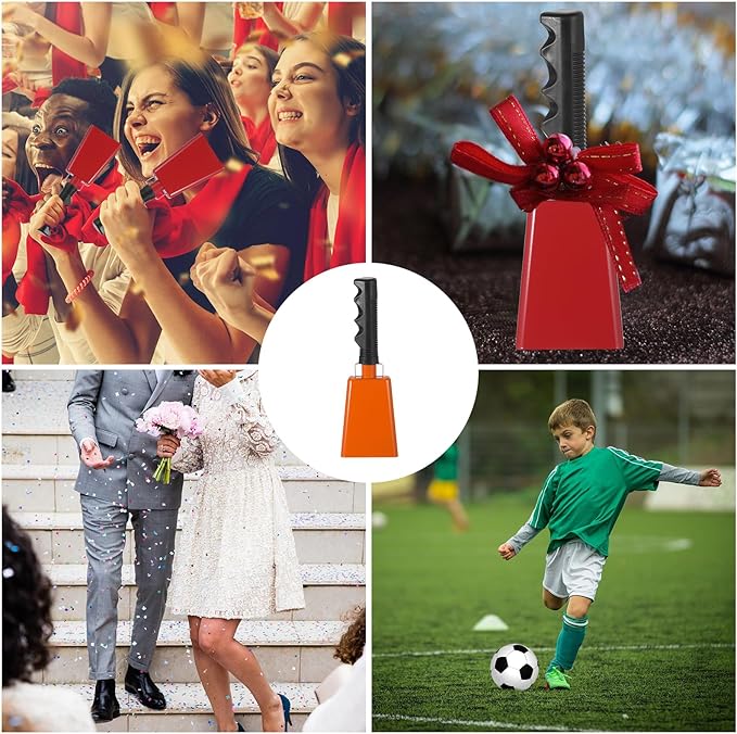 PATIKIL 9inch Cow Bells for Football Games, 2pcs Cowbells for Sporting Events Bulk Loud Noise Makers Metal Cow Bell with Handle for Cheering Competition Marathon Wedding DIY Paint, Orange