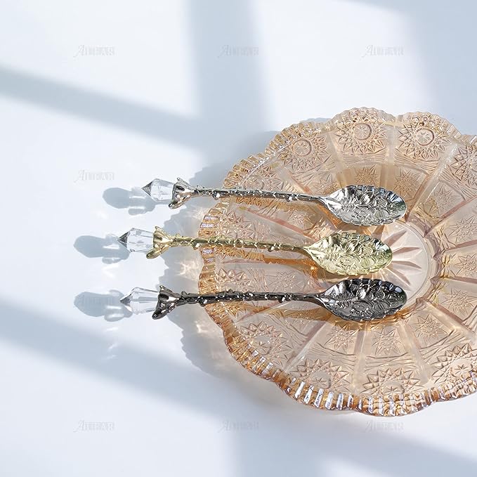 AUEAR, Retro Crystal Antique Alloy Spoon Coffee Tea Dessert Mini Ice Cream Decorative Spoons Set for Home Office (5 Pack)