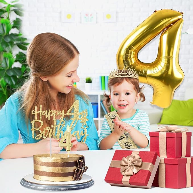 4th Birthday Decorations for Girl with 4th Birthday Sash and Crown, Candle and Cake Topper, Number Balloon, 4 Year Old Girl Gifts