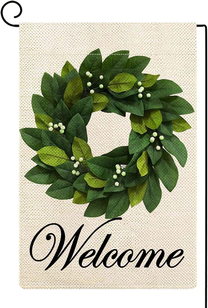 Baccessor Wreath Garden Flag Magnolia Leaves Welcome Small Yard Flag 12.5 X 18 Inch Double Sided Burlap Winter Spring Flag for Outside Decor