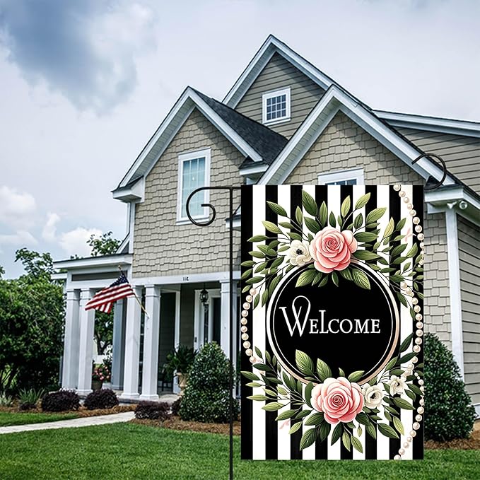 HOMETITUTE Welcome Garden Flag Spring Floral Yard Banner 12x18 Inch Double Sided Outdoor Decor with Pink Roses and Black and White Stripes for Farmhouse Patio Lawn Home Decoration
