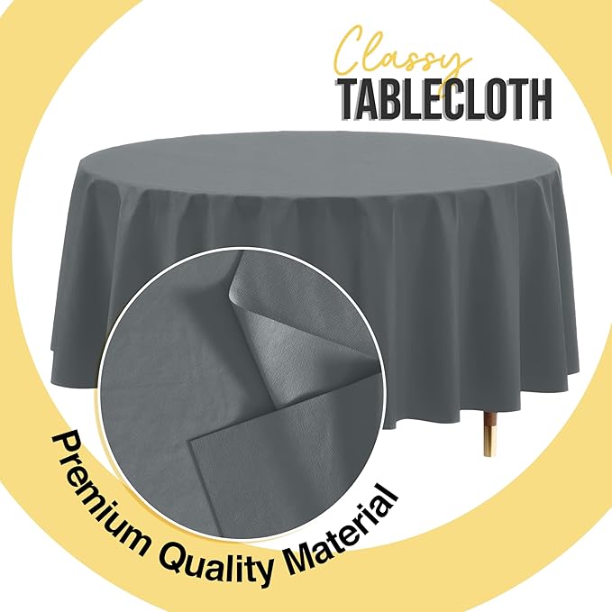 Exquisite 66% Thicker Premium Silver Round Tablecloth 0.5 Mil 6 Pack Plastic Table Cloth Disposable 84 Inch Round Plastic Tablecloth Won't Tear Easily Like Cheap Thin Brands