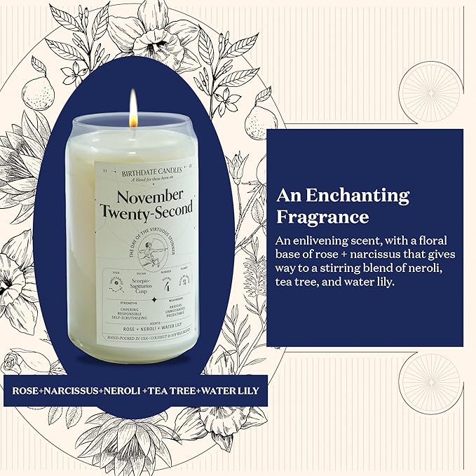 Birthdate Candles, November 22 - Sagittarius Zodiac Scented Candles Birthday Gift - Rose, Neroli & Water Lily Scent - All-Natural Soy & Coconut Wax, 60-80 Hour Burn Time - Made in USA