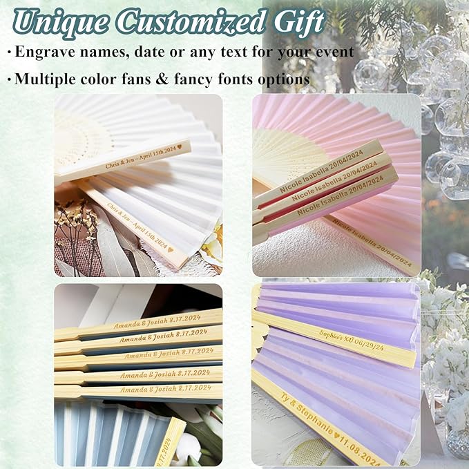 Personalized 25 Pcs Light Blue Folding Hand Fan Wedding Fans for Guests, Custom Imitated Silk-Bamboo Fans for Wedding Favor Birthday Party Supplies Bridal Shower Gifts Party Decoration