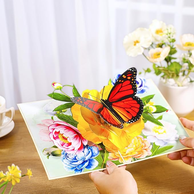 Pop Up Flower Card, Greeting Card, Butterfly and Pink Peony Flower 3D Pop Up Card 6"x 8", Mother's Day Pop Up, Anniversary, Birthday, Valentine's Day Card, Wife, Grandma