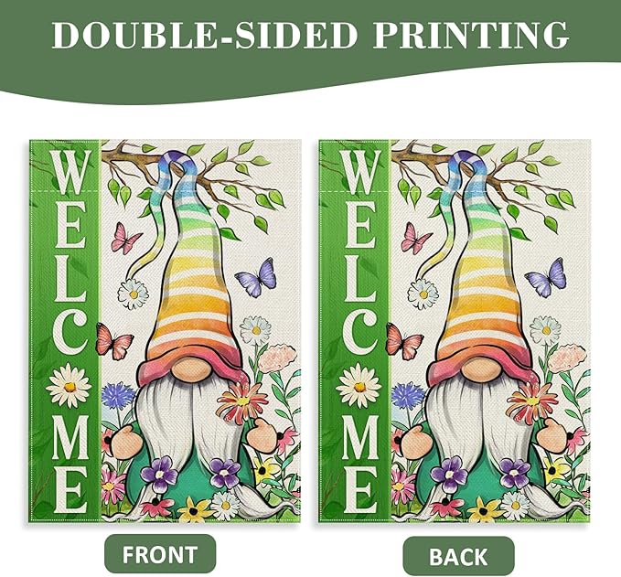 Covido Welcome Spring Summer Gnome Decorative Garden Flag, Daisy Floral Flowers Butterfly Green Rainbow Yard Outside Decorations, Farmhouse Outdoor Small Home Decor Double Sided 12 x 18