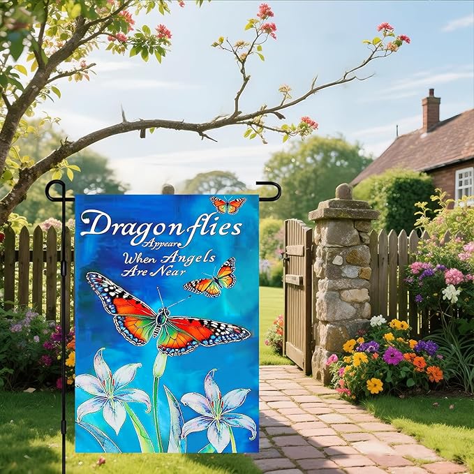 IVN Dragonfly Butterfly Garden Flag 12x18 Inch Double Sided Blue Flower Outdoor Yard Flag for Home Front Door Lawn Porch Summer Decor