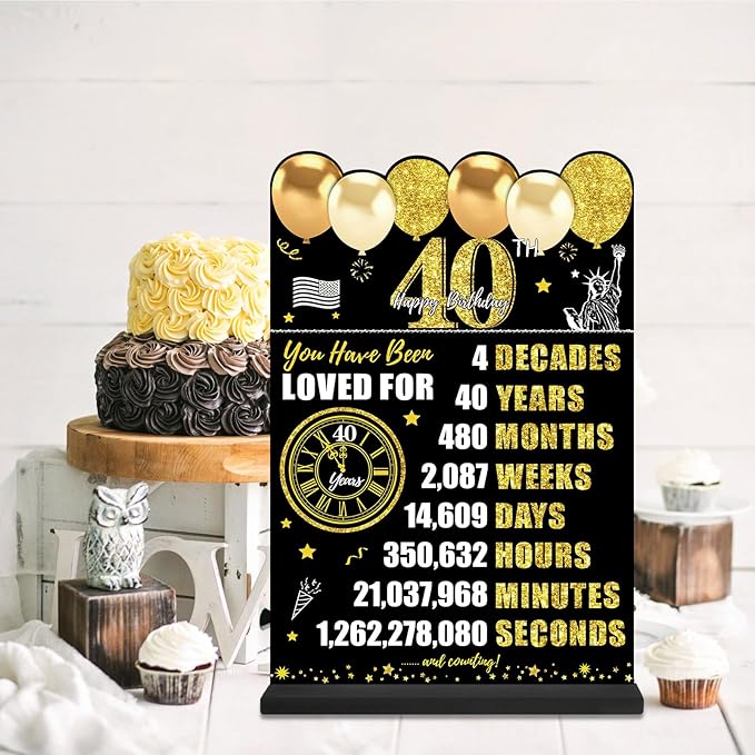 Black Gold 40th Birthday Decorations Gifts for Men Women, Two-Sided Vintage 40 Back in 1986 Theme Poster Wooden Table Sign with Stand, Forty Years Old Bday Centerpieces Holder for Table Decor