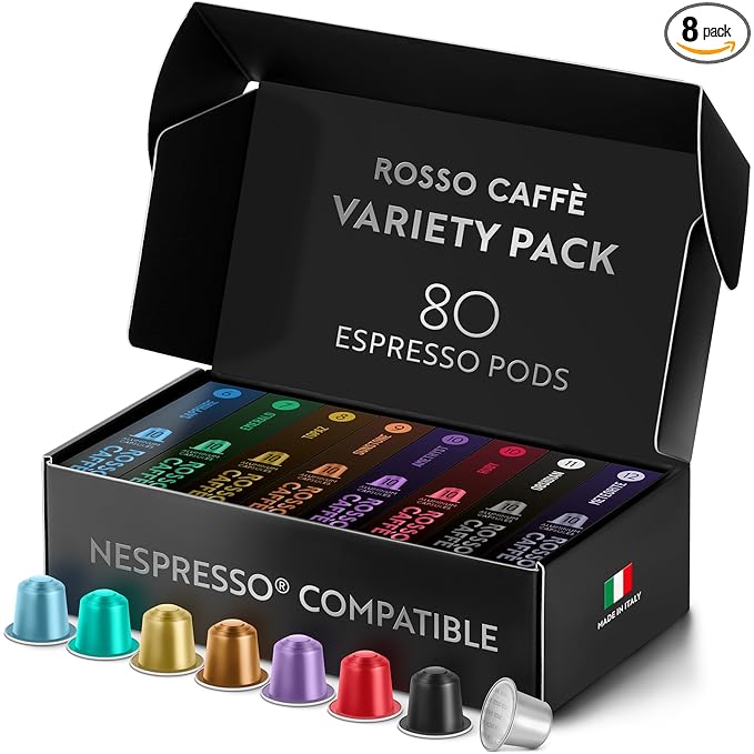 ROSSO CAFFÈ Espresso Coffee Pods for Nespresso Original Machines - 80 Capsules Variety Pack, 8 Signature Flavors, Medium to Dark Roast - Made in Italy