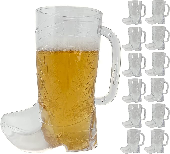 Podzly Cowboy Boot Mugs, 12 Pcs Plastic Drinking Cups, 17 oz, Western Themed Party Decorations, Fun Cowgirl Boot Glasses for Parties, Durable, Reusable